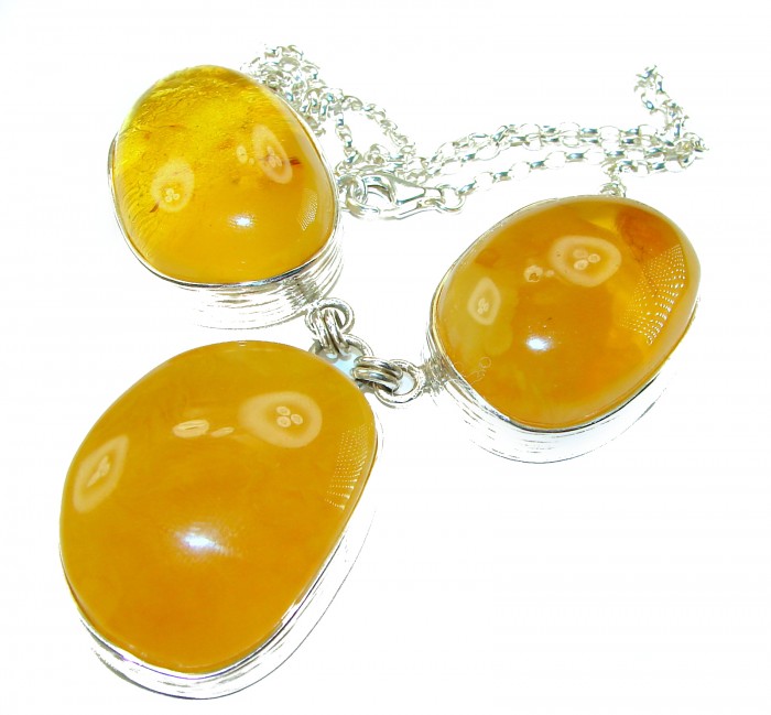 Dazzling 128.2 carat natural Baltic Amber .925 Sterling Silver handcrafted necklace - Close-up of Baltic Amber necklace in .925 Sterling Silver setting.