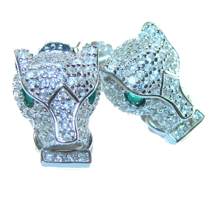 Precious Cheetah 0.4 carat Emerald White Sapphire .925 Sterling Silver earrings - Close-up of cheetah-shaped earrings with emerald and sapphire detail.