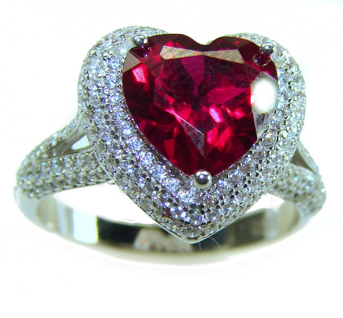 Gabriella HEARTcut 6.8 carat Ruby .925 Sterling Silver handcrafted Cocktail Ring s. 8 1/4 - Heart-cut ruby ring in sterling silver, top view close-up.