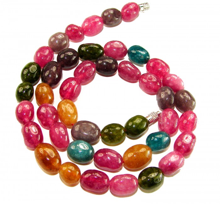 Infinity authentic 79.5 carat Brazilian Tourmaline .925 Sterling Silver handcrafted necklace - Brazilian tourmaline strand close-up, mixed colors, oval beads.