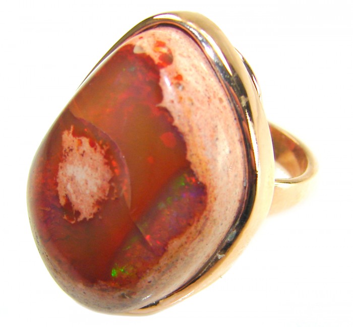 Orange Galaxy best quality 38.4 carat Mexican Opal 18K Rose Gold over .925 Sterling Silver handmade ring 7 - Close-up of orange Mexican opal ring in 18K rose gold setting.