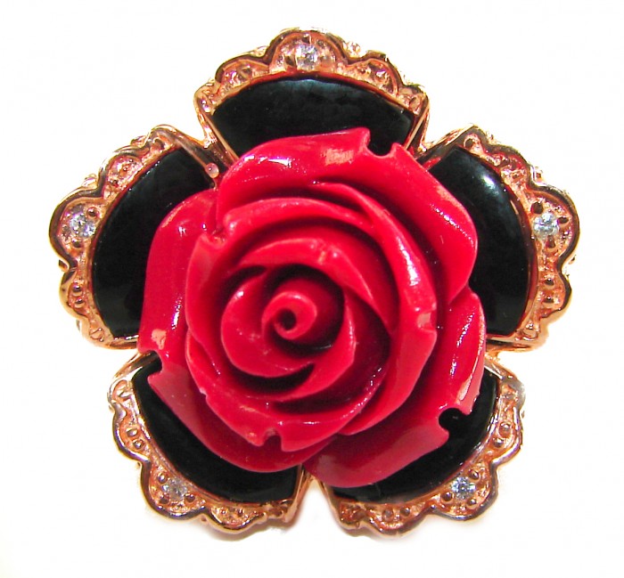 Enchanted Rose Genuine carved Coral 14K Gold over .925 Sterling Silver handcrafted ring s. 7 1/4 - Close-up of Enchanted Rose carved Coral in 14K Gold over Sterling Silver