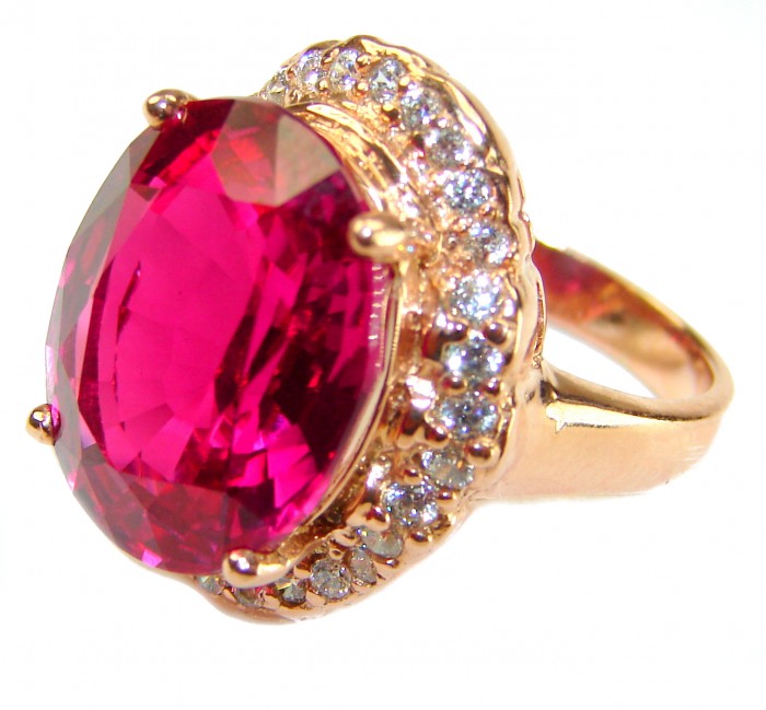 Bella Rosa Natural 18.8 carat Pink Tourmaline .925 Sterling Silver dipped in 22K Rose Gold handmade Statement Ring size 5 - Side view of Bella Rosa Natural Pink Tourmaline ring with halo diamonds.