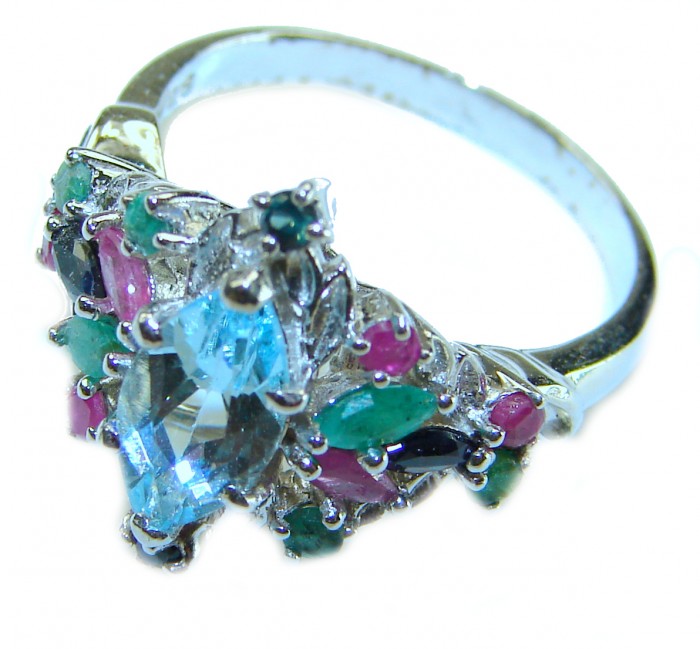 Emily 8.5 carat Swiss Aquamarine Ruby Emerald .925 Sterling Silver handmade Statement Ring size 7 - Close-up of ornate ring with aquamarine, rubies, and emeralds.