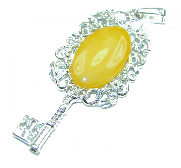 Golden Magic Key butterscotch Baltic Polish Amber .925 Sterling Silver handcrafted Pendant - Golden Magic Key pendant, butterscotch amber, detailed top view.