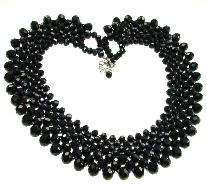 Rachel 250 carat Authentic Onyx .925 Sterling Silver handmade Necklace - Black onyx necklace with sterling silver clasp, top view.