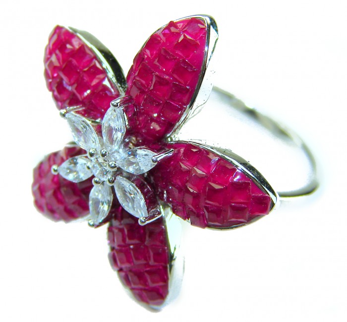 Born to Glam authentic 10.2 carat Ruby .925 Silver handcrafted Eternity Ring s. 6 1/4 - Close-up of floral ruby and silver ring with detailed stonework.