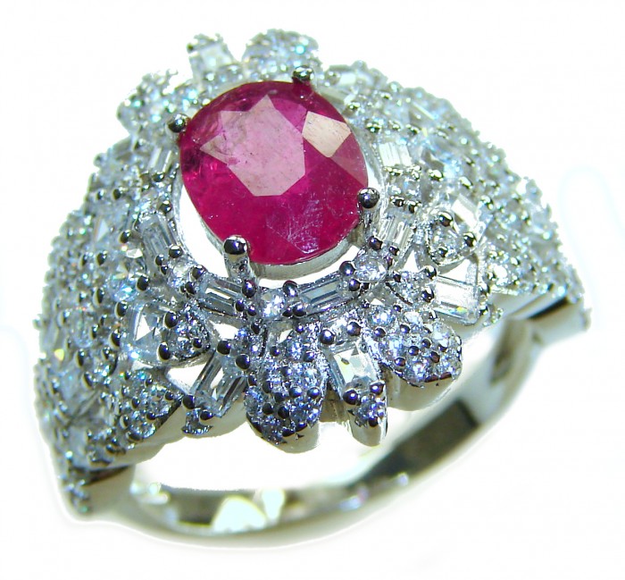 Real Beauty Natural 3.4 carat Ruby .925 Sterling Silver handmade Statement Ring size 6 1/4 - Close-up of a sterling silver ring with a 3.4 carat ruby centerpiece.