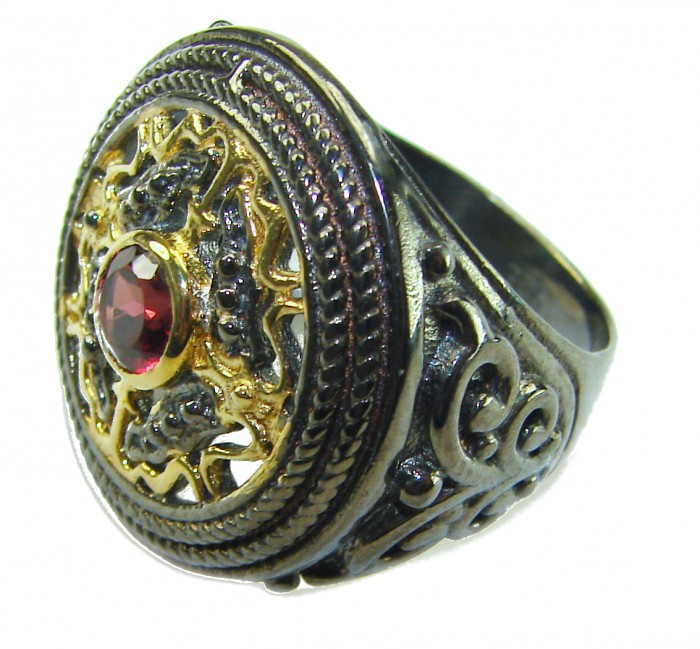 Natural 1.9 carat Magic Garnet black rhodium 14K Gold over .925 Sterling Silver handmade Large ring size 7 1/2 - Ornate ring with garnet, side view, black rhodium and gold details.