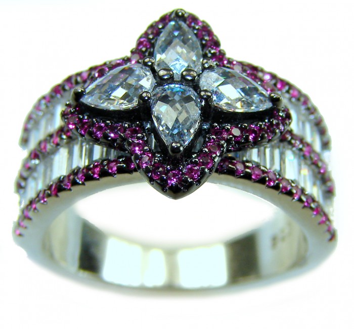 Art Deco Carmen Natural 11.4 carat Ruby .925 Sterling Silver Statement Ring size 7 - Front view of Art Deco Carmen ring with rubies and clear stones.