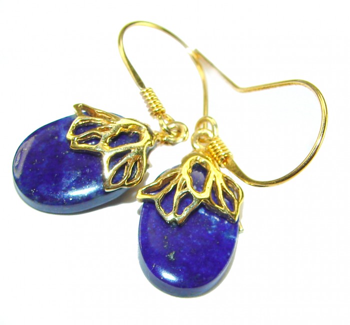 Perfect genuine Blue Lapis Lazuli .925 Sterling Silver dipped in 14K Gold handmade earrings - Close-up of blue lapis lazuli earrings with gold leaf design.