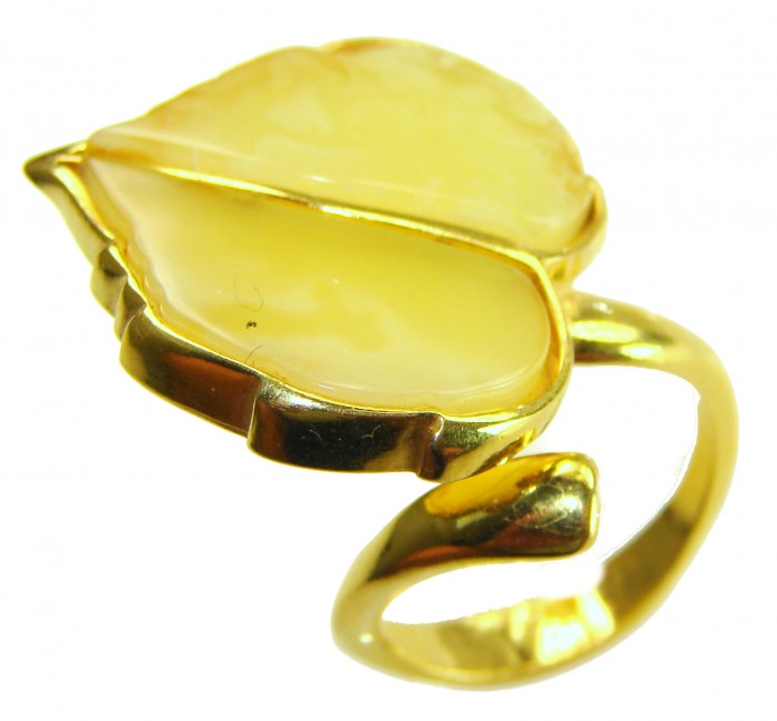 Golden Leaf - Natural Butterscotch Baltic Amber .925 Sterling Silver dipped in 18K Gold handcrafted ring; s. 7 adjustable - Golden Leaf ring with butterscotch amber, side view.