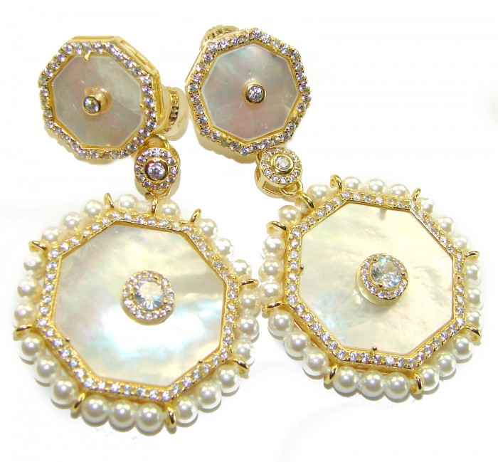 Large - Sublime Blister Pearl White Sapphire 18K Gold over .925 Sterling Silver handcrafted Earrings - Front view of octagonal pearl and sapphire earrings with gold accents.