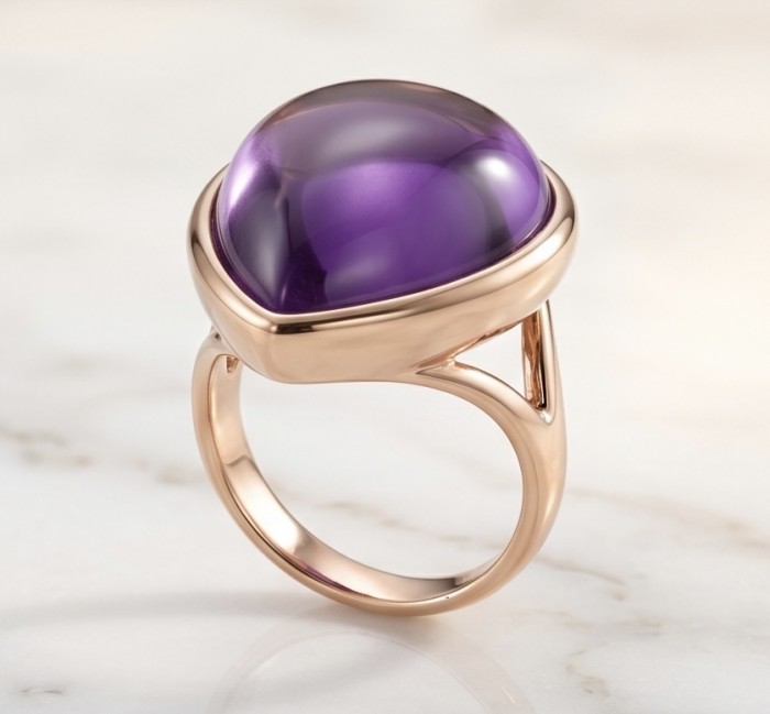 Top quality 23.5 carat Amethyst .925 Sterling Silver dipped in 18K Gold Handcrafted Large Ring size 6 - Side view of 23.5 carat amethyst ring in rose-colored sterling silver.