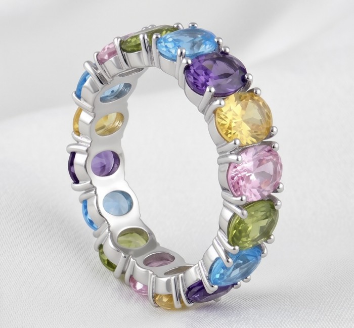 My own Rainbow - authentic 12.7 carat multigem .925 Sterling Silver Eternity Ring size 7 - Side view of multigem rainbow ring in .925 sterling silver.