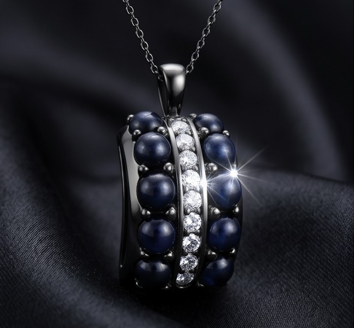 Born to Glam 7.2 carat natural Sapphire black rhodium over .925 Sterling Silver Perfectly handcrafted Pendant - Close-up of Born to Glam sapphire and diamond pendant on chain