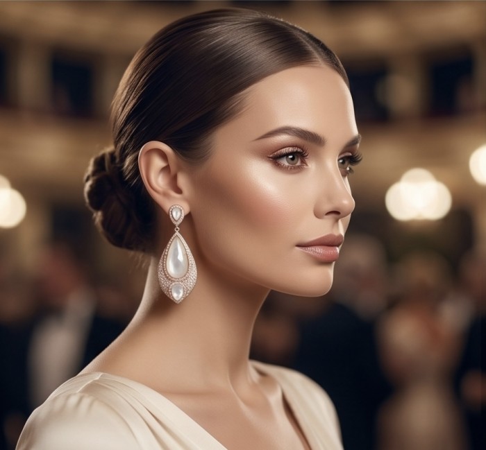 Genuine faceted Blister Pearl 18K Rose Gold over .925 Sterling Silver handcrafted Large Statement Earrings - Side view of genuine faceted blister pearl earrings in elegant setting.