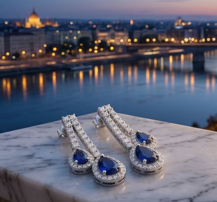 Blue Royalty 9.7 carat Sapphire .925 Sterling Silver handcrafted Statement earrings - Dangling sapphire earrings on marble with cityscape background at dusk.