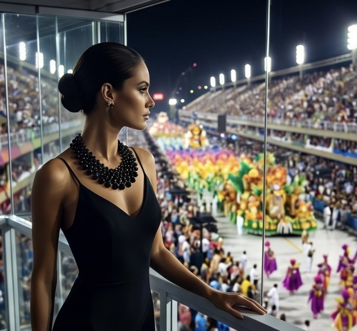 Rachel 250 carat Authentic Onyx .925 Sterling Silver handmade Necklace - Woman wearing Rachel 250ct onyx necklace, side view at a carnival.