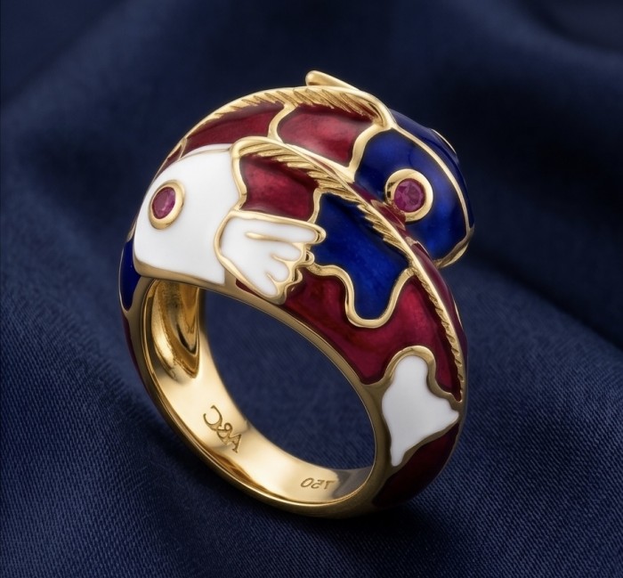 Luxurious Two Fishes Natural Ruby Enamel 18K Gold over .925 Sterling Silver Huge handcrafted Ring s. 7 - Side view of luxurious two fishes ruby enamel 18K gold ring.