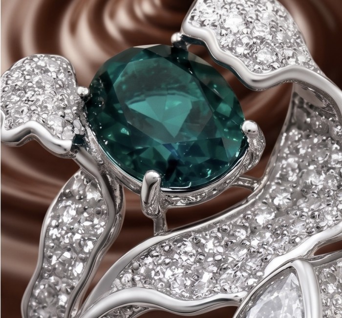 Elizabeth princess cut 3.8 carat Colombian Emerald 3.3 carat Moissanite .925 Sterling Silver dipped in Rhodium handcrafted Ring size 8 - Close-up of princess cut Colombian Emerald with diamond details.