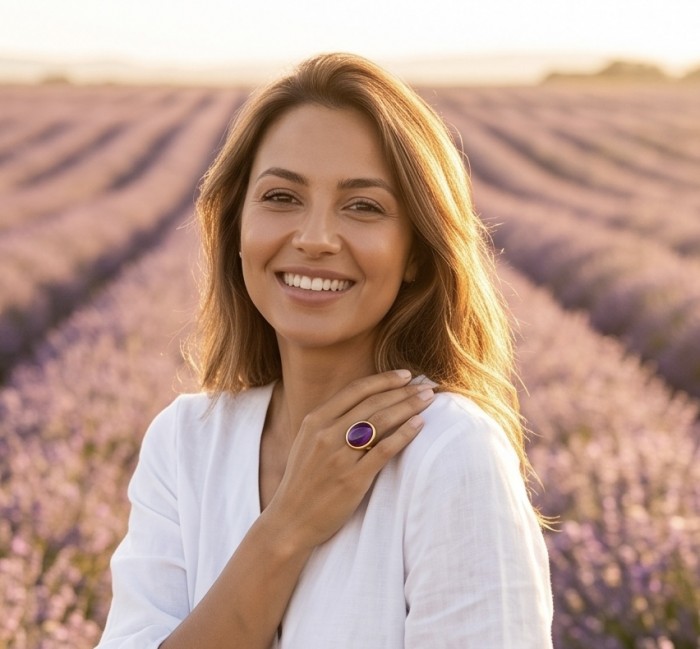Top quality 22.5 carat Amethyst .925 Sterling Silver dipped in 18K Gold Handcrafted Large Ring size 8 1/4 - Amethyst ring worn on hand in lavender field background.