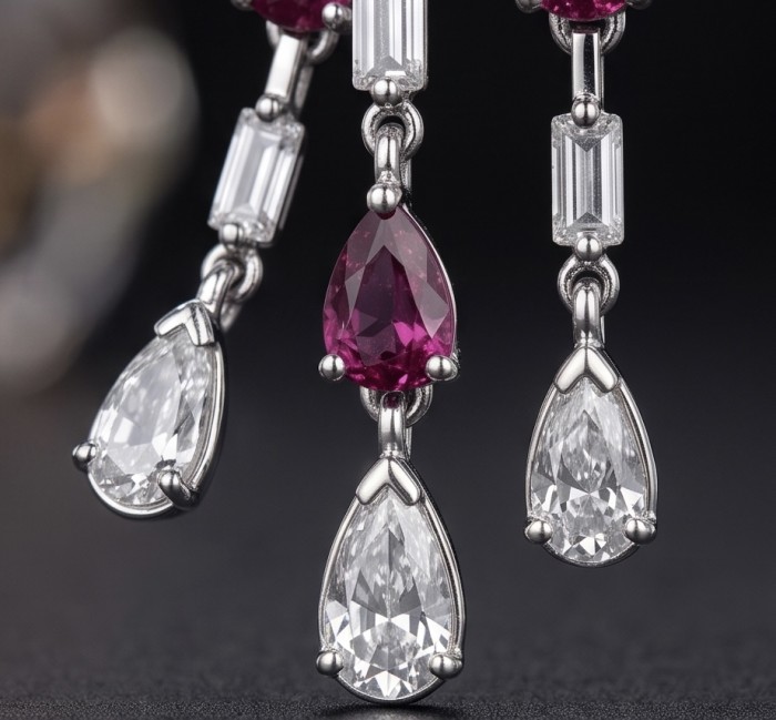 Isabella - natural 5.5 carat Mozambique Garnet rhodium over .925 Sterling Silver handmade Statement earrings - Close-up of Isabella earrings with garnet and diamond details.