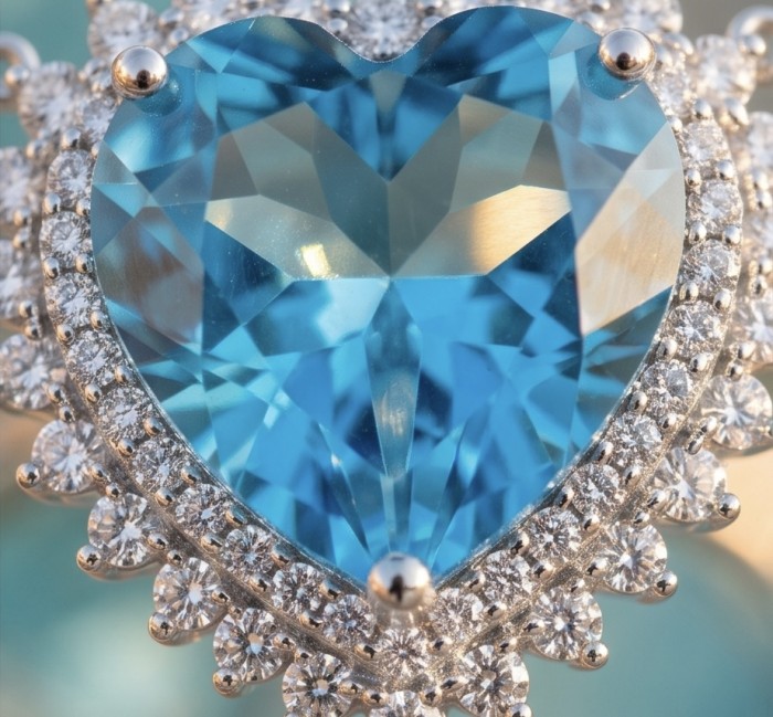 Endless Love 10.5 carat Swiss Blue Topaz .925 Sterling Silver Handcrafted necklace - Heart-shaped blue topaz with diamond accents close-up, sterling silver.