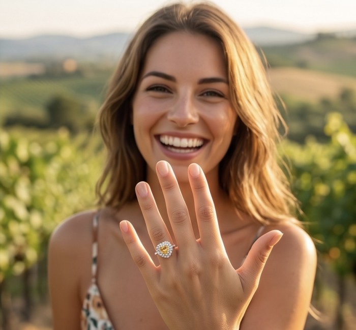 Heart 4.8 carat Genuine Yellow Sapphire .925 Sterling Silver handcrafted ring size 5 - Woman showing Heart 4.8 carat Yellow Sapphire ring on hand in vineyard.