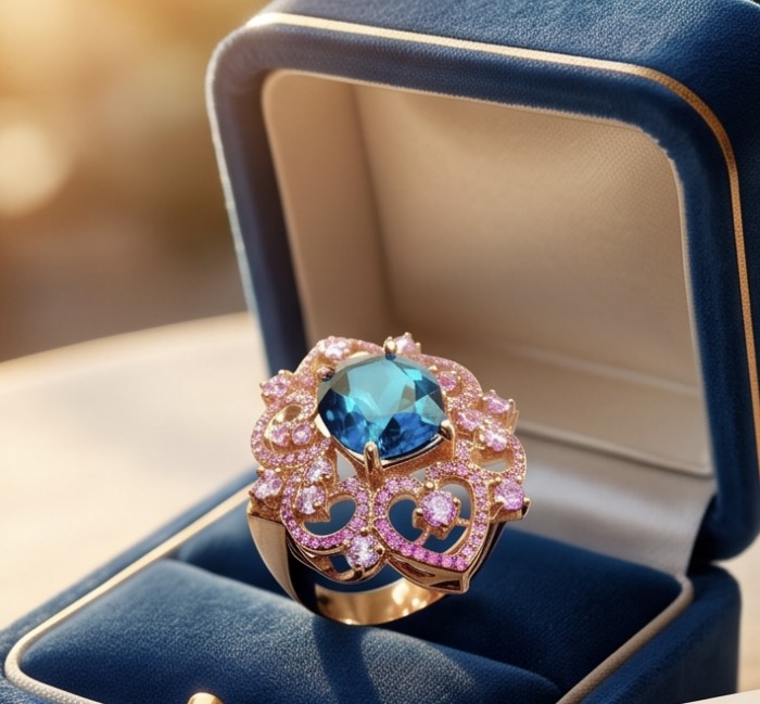 Victorian design 10.8 carat authentic London Blue Topaz 22k Rose Gold over.925 Sterling Silver handmade Statement Ring size 6 1/4 - Victorian ring with blue topaz in box, front view.