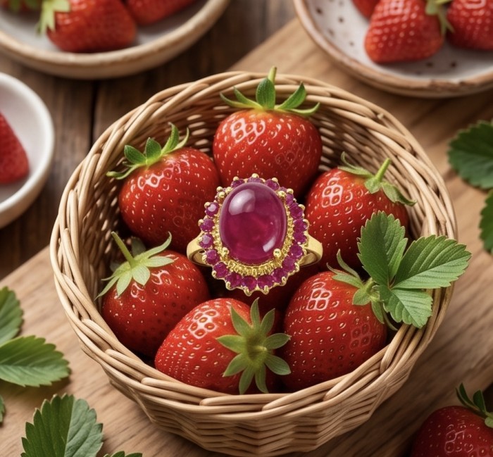 King of Gems Genuine 7.7 CARAT Mozambique Ruby 22K Gold over .925 Sterling Silver Statement Ring size 6 1/2 - Ruby ring on strawberries in basket, top view, focus on gemstone.
