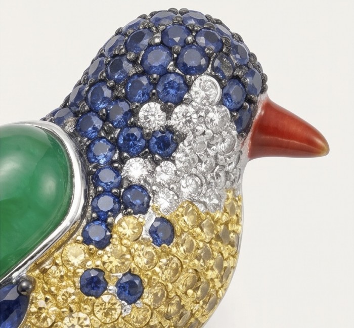 Exotic Parrot - Genuine 18.4 carat Jade from New Zealand .925 Sterling Silver dipped in rhodium handmade Pendant - Brooch - Close-up of parrot jewelry with jade, sapphires, diamonds, and coral beak