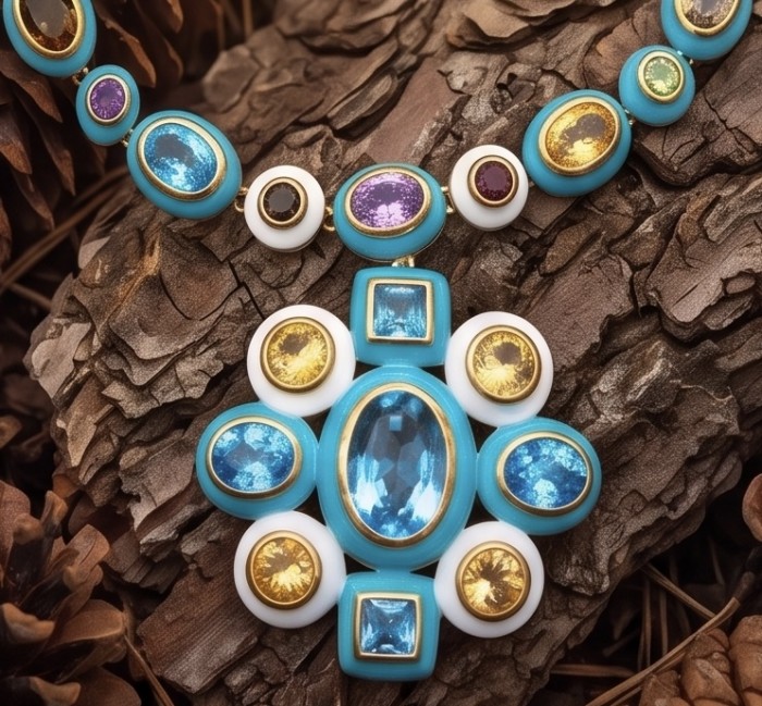 Outstanding - Authentic 31.2 carat Swiss Blue Topaz 18.8 carat Citrine 14.1 carat Amethyst Enamel 22K Gold over .925 Sterling Silver handcrafted Statementbnecklace - Swiss Blue Topaz necklace with gems displayed on a textured surface