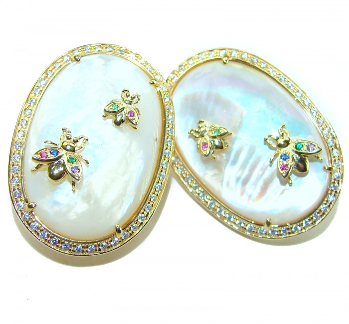 Genuine Blister Pearl lab grown Diamond 18K Gold over .925 Sterling Silver handcrafted Large Statement Earrings - photo 3