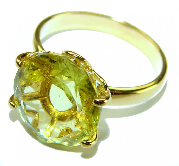 11.8 carat Genuine fancy oval cut Lemon Quartz 14K Gold over .925 Sterling Silver handcrafted ring size 8 3/4 - photo 1