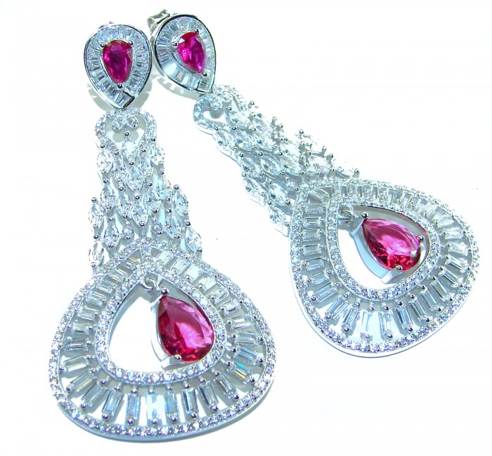 Pure Luxury 22.2 carat natural Ruby .925 Sterling Silver handmade Statement earrings - Elegant ruby and sterling silver earrings, close-up view.