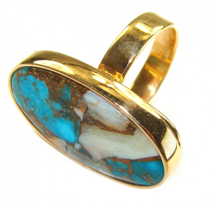 Rare 26.5 carat Oyster Turquoise 18K Gold over .925 Sterling Silver handcrafted Large ring; s. 8 adjustable - Close-up of rare 26.5 carat Oyster Turquoise ring with gold band.