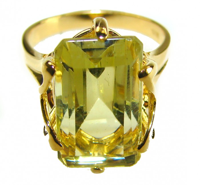 Solid 14.8 carat Genuine Lemon Quartz 14K Gold over .925 Sterling Silver handcrafted ring size 7 1/4 - Lemon quartz ring close-up, 14K gold setting.