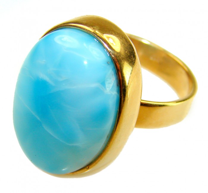 Blue Perfection AAAA QUALITY Blue Larimar 18K Gold over .925 Sterling Silver handmade Large ring size 8 adjustable - Blue Larimar ring with gold band, close-up of stone and setting.