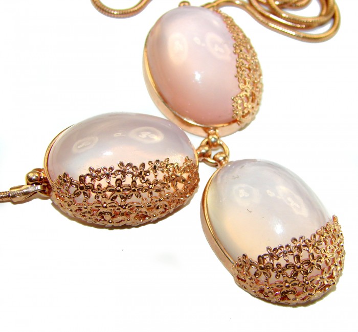 Rose Garden 52.5 carat BRAZILIAN ROSE QUARTZ 14K Rose Gold over .925 Sterling Silver handcrafted Statement necklace - Close-up of rose quartz stones with intricate gold floral design