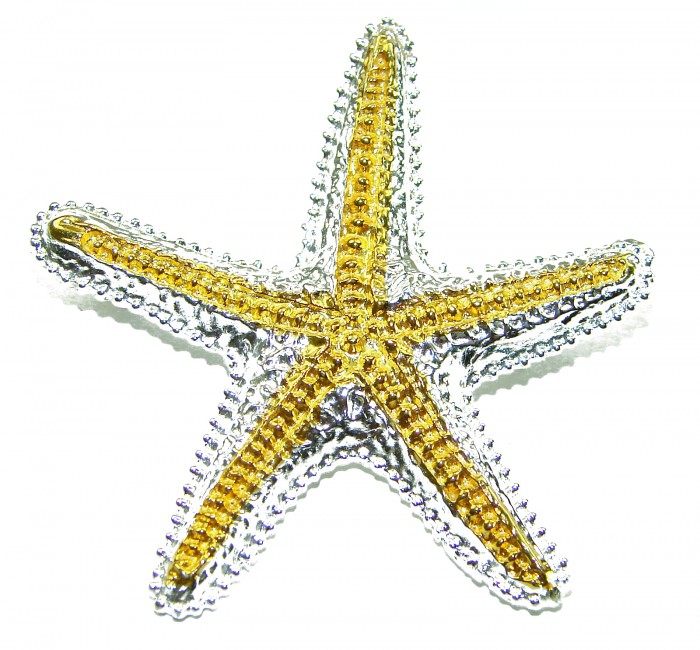 Large Italy made Starfish 18K Gold over .925 Sterling Silver handmade Pendant - Brooch - Starfish jewelry, top view, 18K gold over sterling silver.