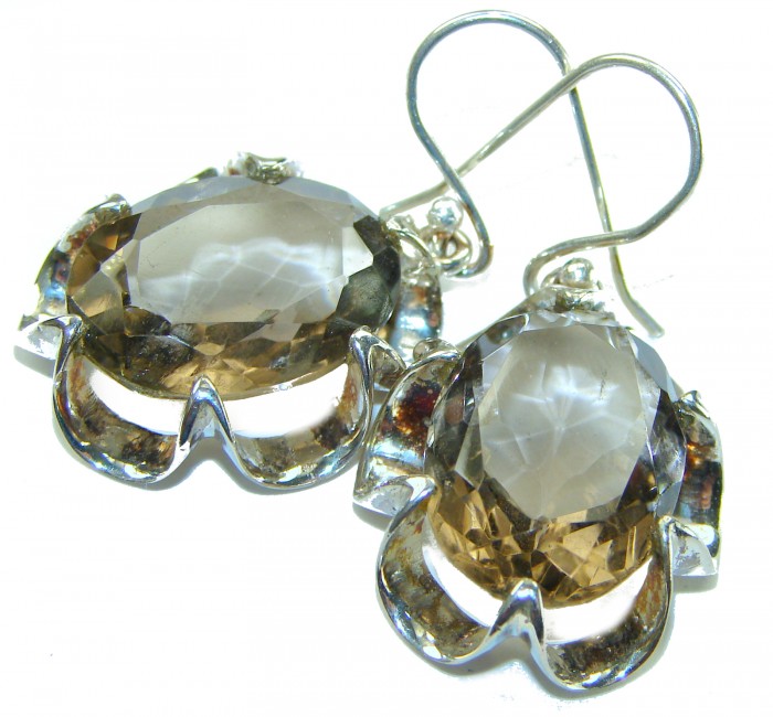 Alessandra 12.5 carat Champagne Smoky Topaz .925 Sterling Silver handmade Earrings - Close-up of Alessandra 12.5 carat Champagne Smoky Topaz earrings