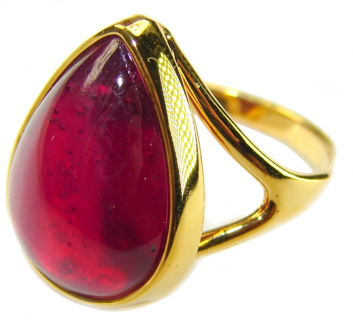 Carmen Natural 28.4 carat Ruby .925 Sterling Silver dipped in 22K Gold handmade Large Statement Ring size 8 - Ruby ring close-up, side view, gold-plated sterling silver setting.