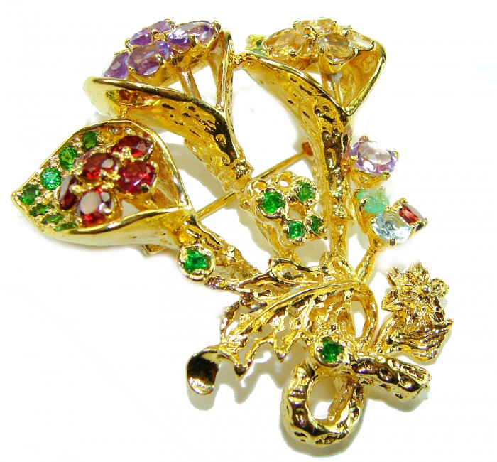 Summer Breeze Precious Multigem .925 Sterling Silver .925 Sterling Silver dipped in 18K Gold Pendant Brooch - Gold floral brooch with multicolored gemstones, top angle view.
