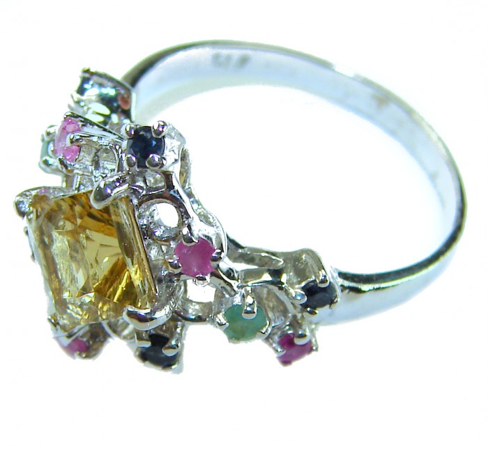 Golden Treasure 4.5 carat Citrine Amethyst .925 Sterling Silver Handcrafted Ring size 7 - Side view of Golden Treasure citrine sterling silver ring with gemstones.
