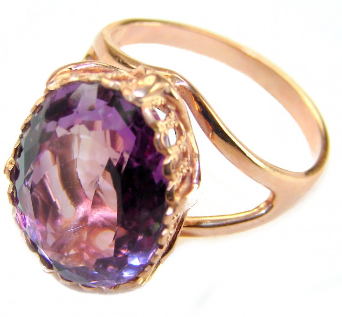 Top quality 17.2 carat Amethyst .925 Sterling Silver dipped in 18K Rose Gold Handcrafted Ring size 9 - Amethyst ring close-up, showcasing stone and setting detail.