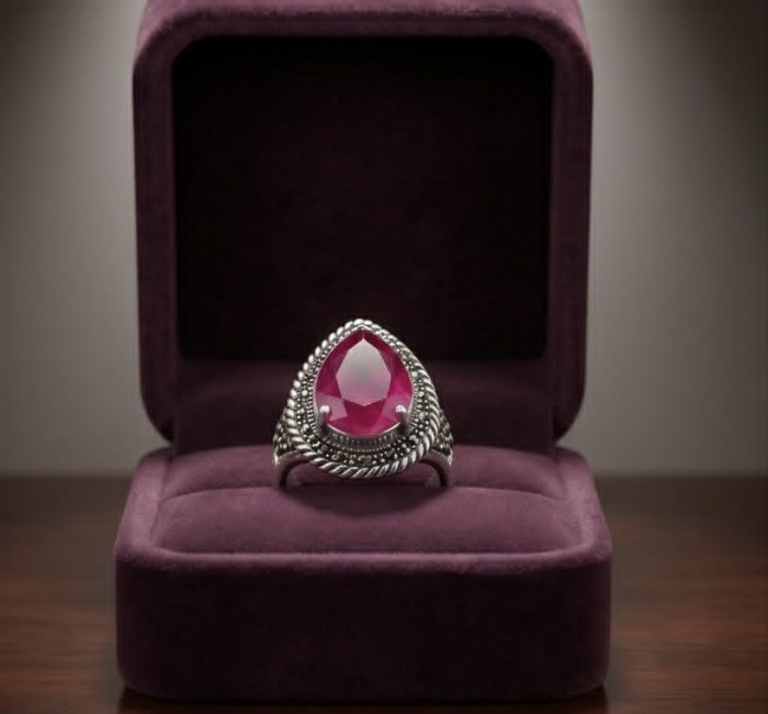 Carmen Natural 18.4 carat Ruby .925 Sterling Silver handmade Large Statement Ring size 8 - Ruby ring in purple box, front view, sterling silver setting.