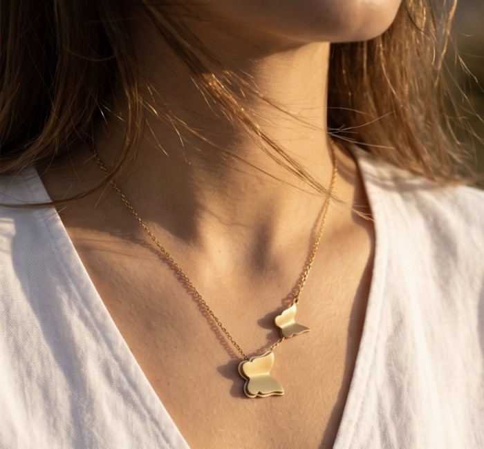 Golden Butterfly 10K Gold over .925 Sterling Silver Italy made necklace - Necklace close-up, worn on neck, Golden Butterfly 10K Gold over Sterling.