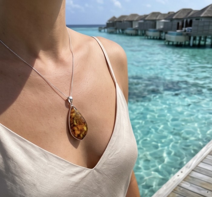 Rare!- vintage Style - natural Baltic Amber .925 Sterling Silver handcrafted HUGE necklace - Amber pendant necklace worn on person by turquoise water.
