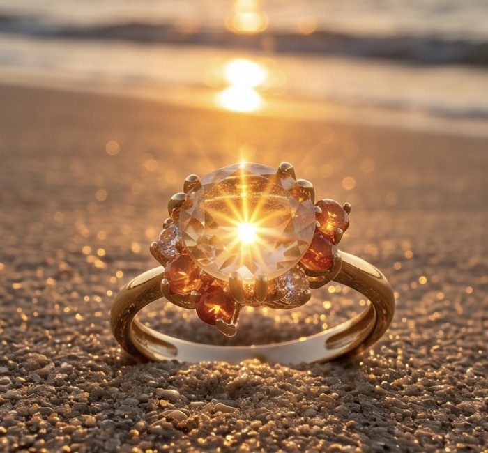 4.2 carat Brazilian Citrine orange Sapphire 18K Gold over .925 Sterling Silver handcrafted ring; s. 8 - Citrine ring on sand at sunset, 4.2ct stone, 18K gold, close-up view